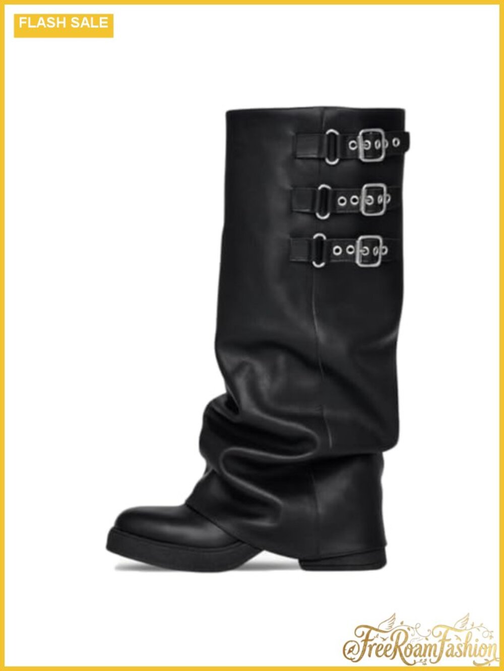 Women Knee High Boots Slouchy Fold Over Motorcycle Buckle Platform Square Toe